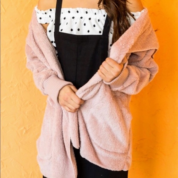 Rose - Light Pink Faux Fur Cardigan Jacket hoodie - Picture 5 of 6